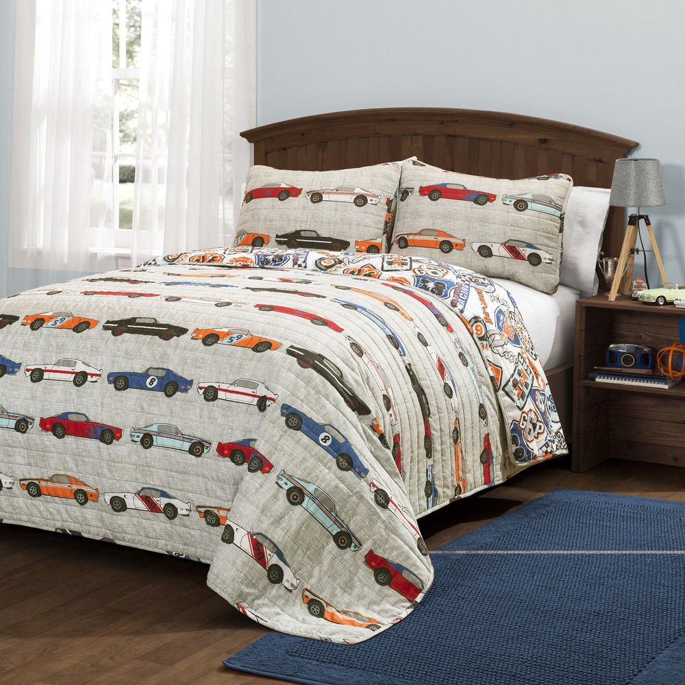 Queen Size Decorative Quilted 3 Piece Coverlet Set with 2 Pillow Shams Blue Grey Ambesonne Teen Room Bedspread American Auto Racing Theme Car Sports Competition Speed Winner Boys Kids Graphic